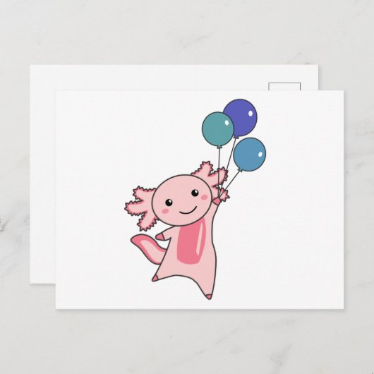 Carte Postale Axolotl Mouches D'Animal Douce Avec Ballons Vers L (Devant / Derrière)
