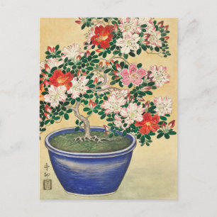 Carte Postale Azalée en fleurs dans un pot bleu par Ohara Koson