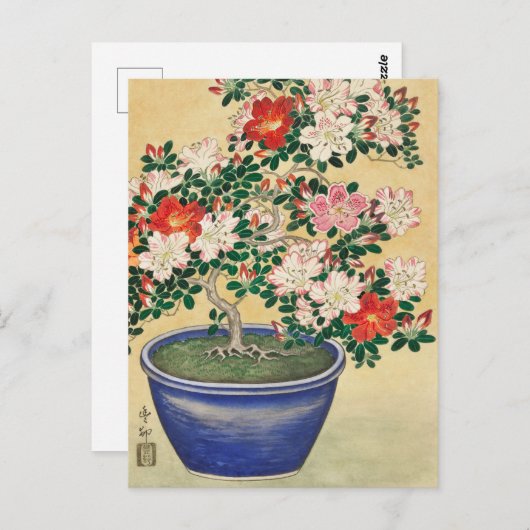 Carte Postale Azalée en fleurs dans un pot bleu par Ohara Koson (Devant / Derrière)