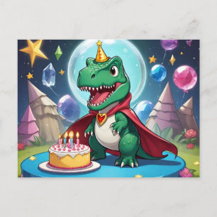 Carte Postale Babay T-Rex en cape devant un gâteau d'anniversair