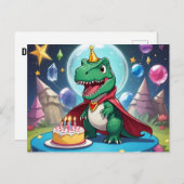 Carte Postale Babay T-Rex en cape devant un gâteau d'anniversair (Devant / Derrière)