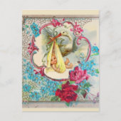 CARTE POSTALE BABEAUCHE DE BÉBÉ CIGOGNE JAUNE, ROSES ROSES, FLEU (Devant)