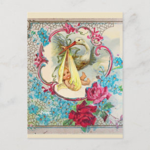 CARTE POSTALE BABILLAGE DE BÉBÉ AU CIGOGNE JAUNE, ROSES ROSES, F