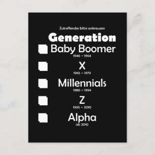Carte Postale Baby Boomer, X, Y, Millénium, Z, Al