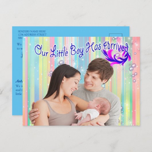 Carte Postale Baby Boy Bubbles & Unicorns est arrivé (Devant / Derrière)