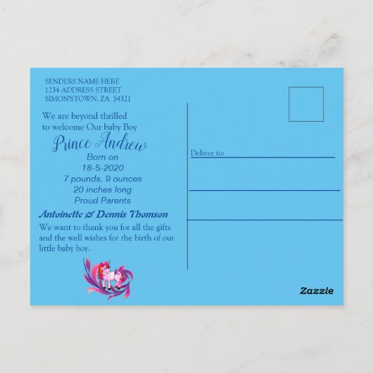 Carte Postale Baby Boy Bubbles & Unicorns est arrivé (Dos)