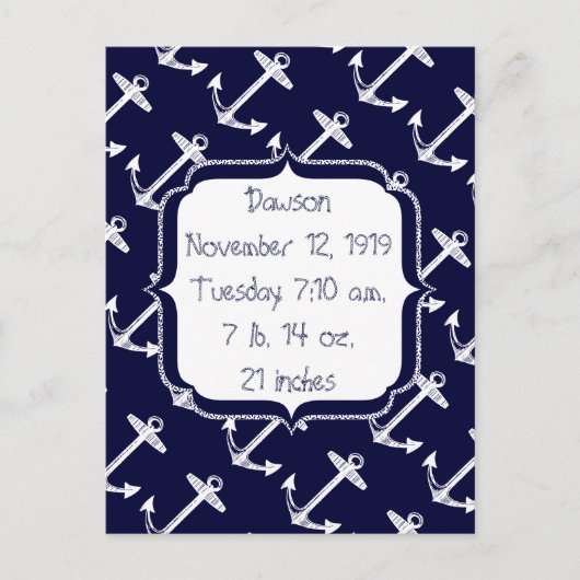 Carte Postale Baby Boy Nautical Navy Blue Ancre Motif (Devant)