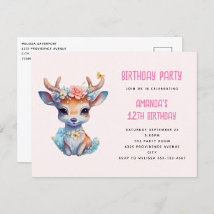 Carte Postale Baby Deer avec Antlers et Fleurs Anniversaire