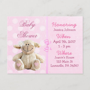 Carte Postale Baby Girl Agneau rose Baby shower Invitation