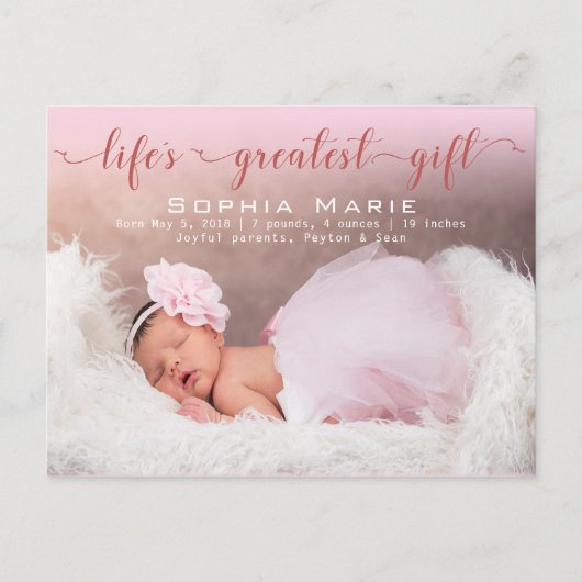 Carte Postale Baby Girl Photo Faire-part de naissance de script  (Devant)