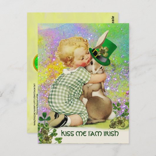 Carte Postale BABY HUGGING RABBIT St. Patrick's Day Shamrocks (Devant / Derrière)