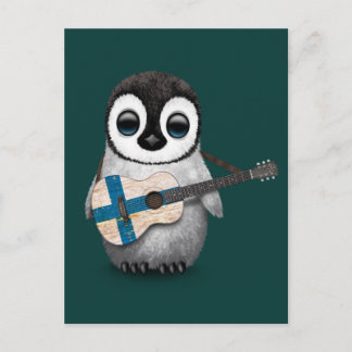 Carte Postale Baby Penguin Jouer Finlandais Drapeau Guitare Turq
