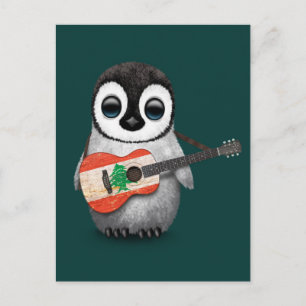 Carte Postale Baby Penguin Jouer le drapeau libanais Guitare Tur