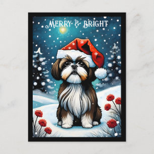 Carte Postale Baby Shih Tzu Snowy Meadow Père Noël Chien Noël