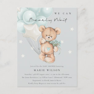 Carte Postale Baby shower à ballon d'attente gris bleu ours