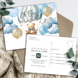 Carte Postale Baby shower à bulle à air chaud Teddy Bear<br><div class="desc">Jolie aquarelle d'ours en peluche dans les tons bronze, marron et bleu. Grand thème baby shower bébé garçon. Nuages d'aquarelle, ballons, montgolfière et ours en peluche mignon. Invitations personnalisées / personnalisées de douche bébé. Disponible en téléchargement numérique. Recherchez les articles correspondants dans ma catégorie de baby shower dans la boutique....</div>