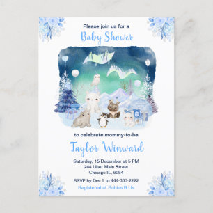 Carte Postale Baby Shower Animaux Arctiques Aurores Boréales