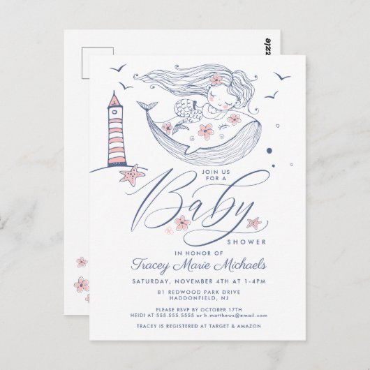 Carte Postale BABY SHOWER | Bébé Fille Baleine Sirène Plage