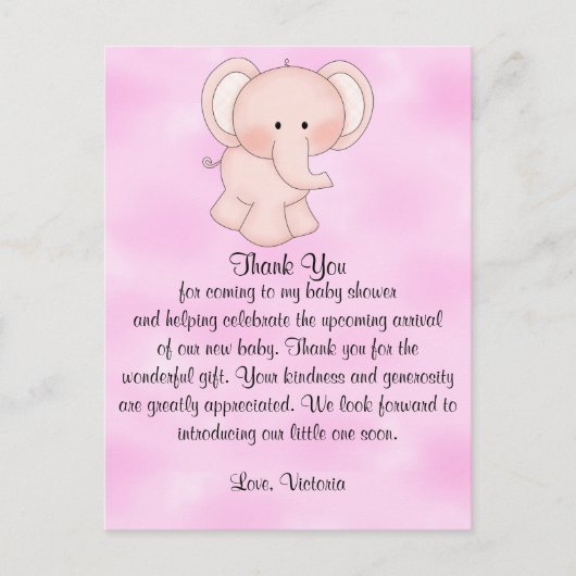Carte Postale Baby Shower Bébé Fille Eléphant Rose (Devant)