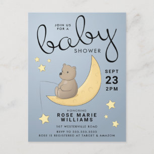 Carte Postale BABY SHOWER   Bébé Ours Lune & Étoiles