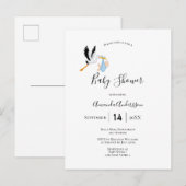 Carte Postale Baby shower blanc bleu cigogne (Devant / Derrière)