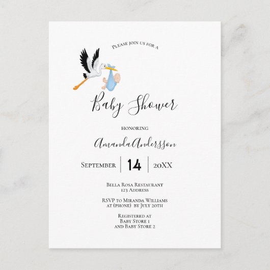 Carte Postale Baby shower blanc bleu cigogne (Devant)