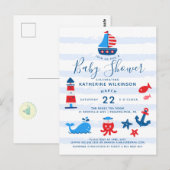 Carte Postale Baby shower bleu, blanc et bleu marine (Devant / Derrière)