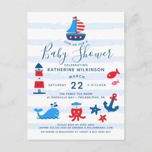Carte Postale Baby shower bleu, blanc et bleu marine (Devant)