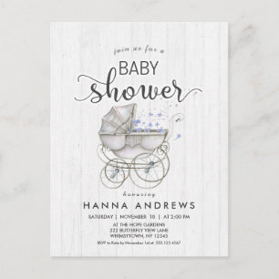 Carte Postale Baby shower Bois blanc & Carriage Boy Invitation