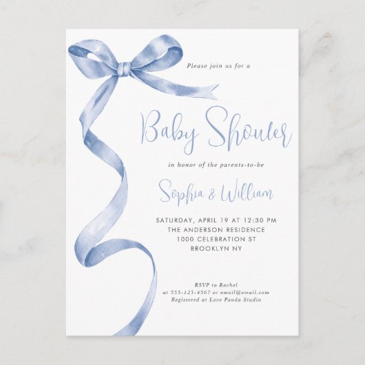 Carte Postale Baby shower Bow Ribbon Bow Aquarelle bleu clair (Devant)