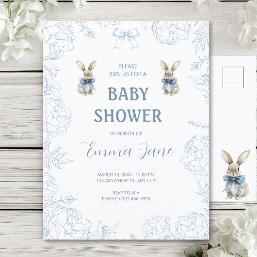 Carte Postale Baby shower Bunny bleu