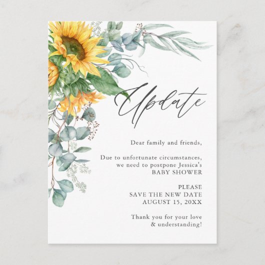 Carte Postale Baby shower Changement de plans Tournesol Eucalypt (Devant)