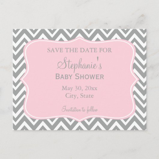 Carte Postale Baby Shower Chevron Gris, Blanc et Rose Pâle (Devant)