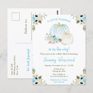 Carte Postale Baby shower Citrouille bleu et blanc