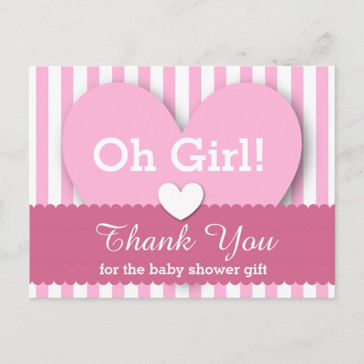 Carte Postale BABY SHOWER Coeurs MERCI Stripes V06 ROSE (Devant)