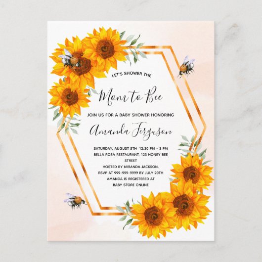 Carte Postale Baby shower d'abeille tournesol rose blanche or (Devant)