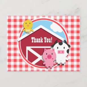Carte Postale Baby shower d'animaux de ferme; En vichy rouge et 