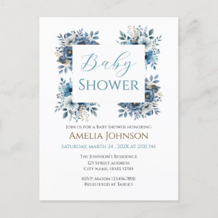 Carte Postale Baby shower d'aquarelle Florale bleu moderne