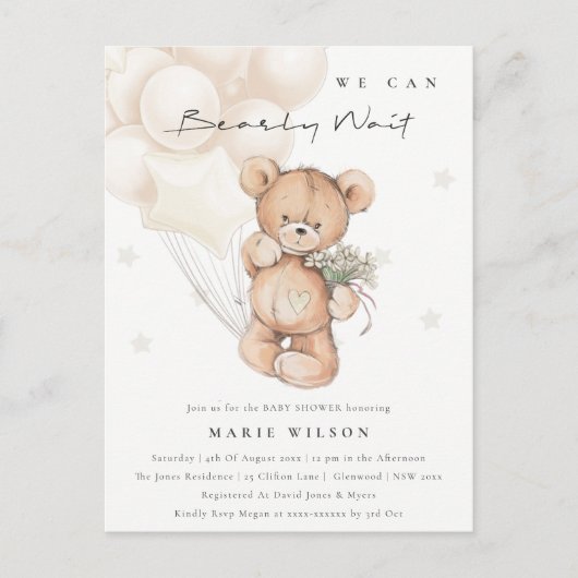 Carte Postale Baby shower d'attente de l'ours d'ivoire mignon (Devant)