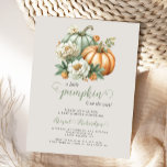Carte Postale Baby shower d'automne doux de Little Citrouille Fl<br><div class="desc">Cette mignonne invitation au baby shower présente une aquarelle de deux citrouilles dans les tons pastel vert sauge et orange, ornée de fleurs blanches et oranges. Ci-dessous, les mots "un peu de citrouille est en route" apparaissent, avec le mot "citrouille" dans un script d'écriture manuscrite vert sage décoré de courbes...</div>