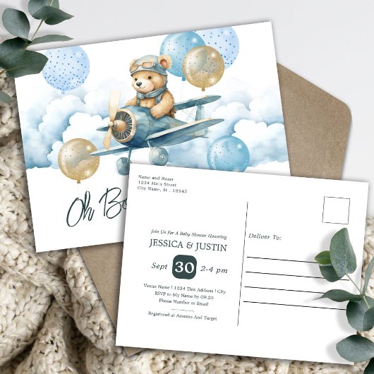 Carte Postale Baby shower d'avion Teddy Bear