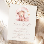 Carte Postale Baby shower de fille d'ours d'aquarelle rose<br><div class="desc">Cette jolie carte postale d'invitation au baby shower présente un ours à l'aquarelle douce dans une robe rose rose entourée d'étoiles dorées au-dessus des mots "It's a Girl !" dans un script d'écriture rose poussiéreuse. Personnalisez le texte avec le nom de la maman-to-be dans le script et les détails dans...</div>