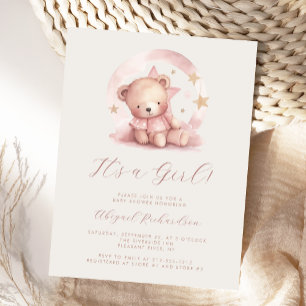 Carte Postale Baby shower de fille d'ours d'aquarelle rose