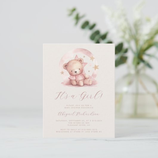 Carte Postale Baby shower de fille d'ours d'aquarelle rose (Debout devant)