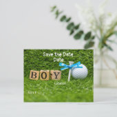 Carte Postale Baby shower de golf garçon avec ruban bleu sur le  (Debout devant)