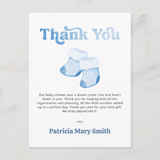 Carte Postale Baby shower de Merci pour garçons Blue Booties (Devant)
