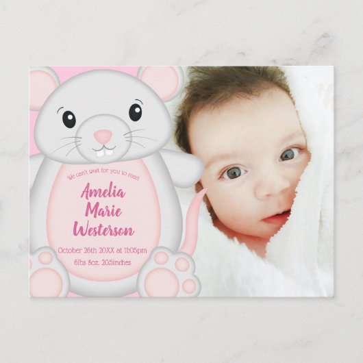 Carte Postale Baby shower de souris rose (Devant)