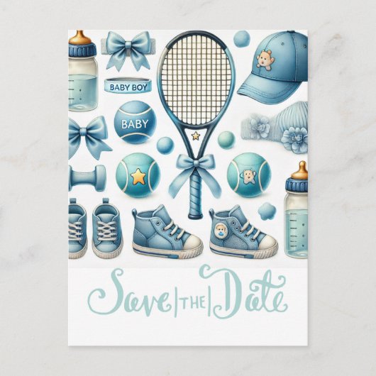 Carte Postale Baby shower de tennis pour bébé garçon bleu thème (Devant)