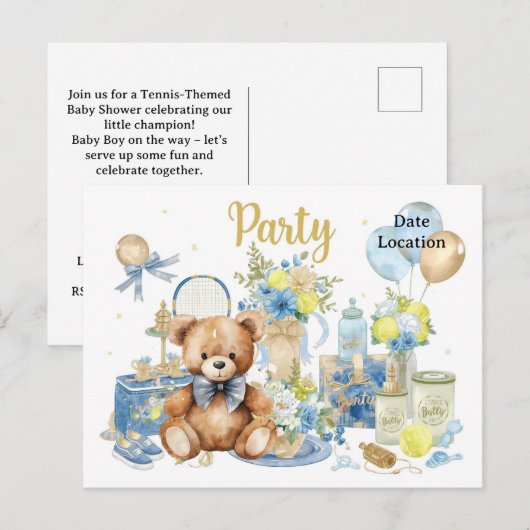 Carte Postale Baby shower de tennis pour bébé garçon bleu thème (Devant / Derrière)