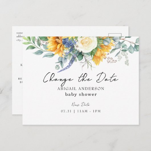 Carte Postale Baby shower de tournesol jaune Modifier la date (Devant / Derrière)